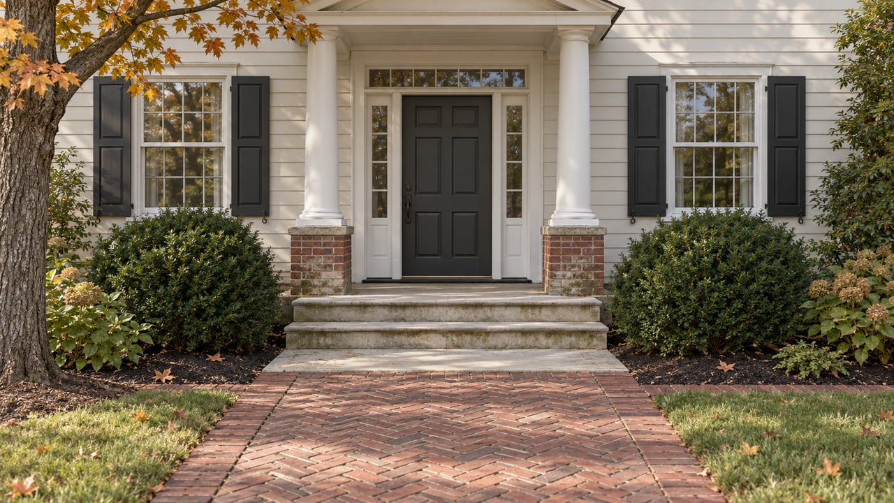 Ivory clapboard home with a charcoal front door, paired shuttered windows, limestone steps and a weathered brick approach edged by clipped yews.