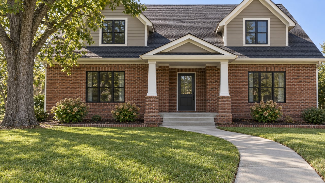 Brick and taupe-sided two-story home with a covered porch, curved concrete walk and broad lawn in clear morning light.