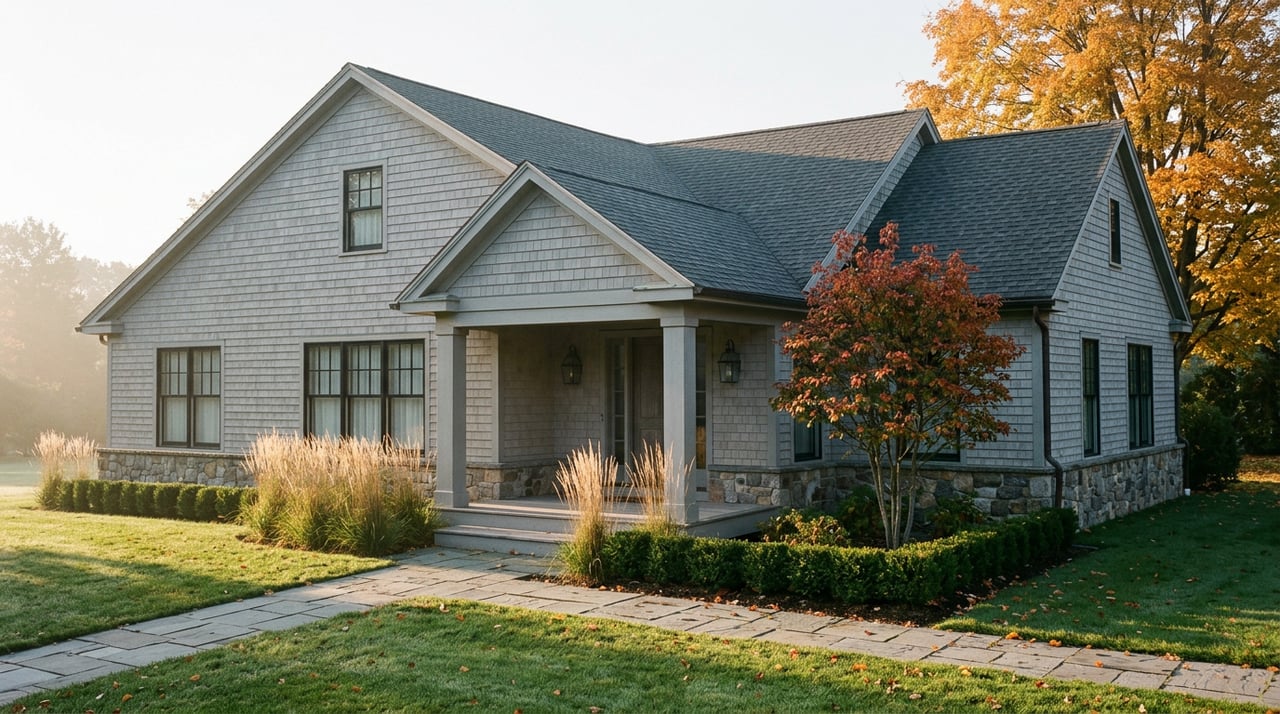 Gray-shingled home with a covered porch, bluestone path, and golden maple tree beside the roof.
