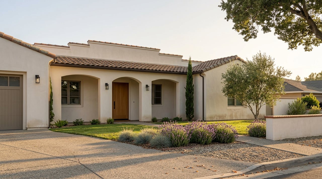 Mediterranean stucco home with an arched entry, olive tree, and curved driveway in golden late-afternoon light.