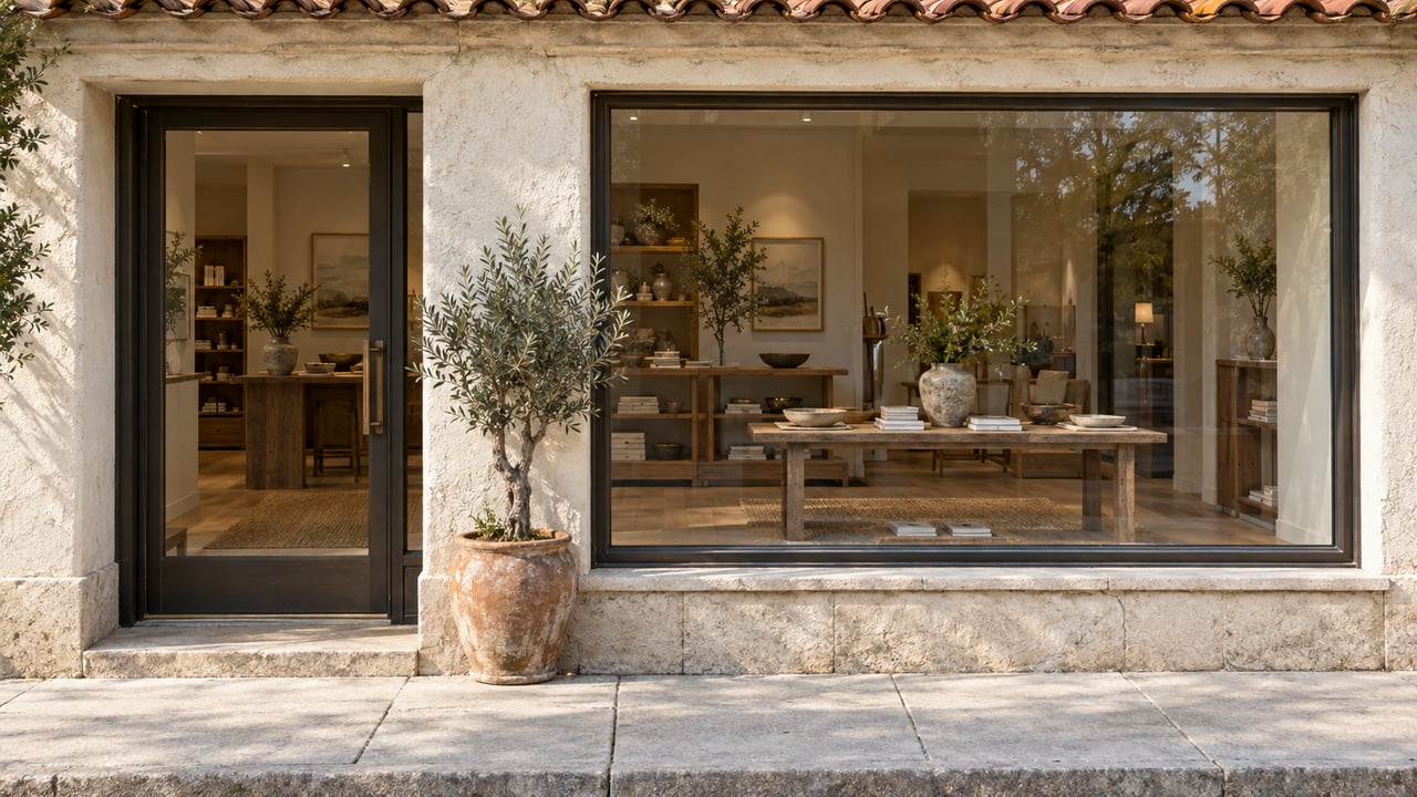 Cream-stucco village storefront with a recessed glass door, broad display window, clay-tile eave, and potted olive tree.
