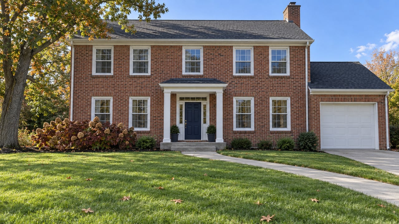 A well-kept two-story brick home with white-trimmed windows, a navy front door, deep lawn, and an oak tree in early autumn daylight.