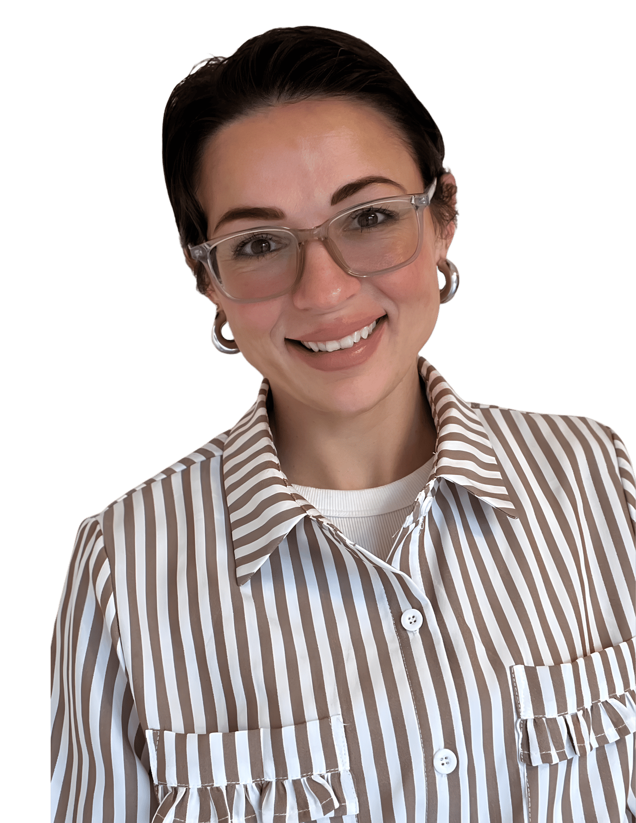 Janine Wilde wearing clear glasses and a brown-and-white striped shirt.