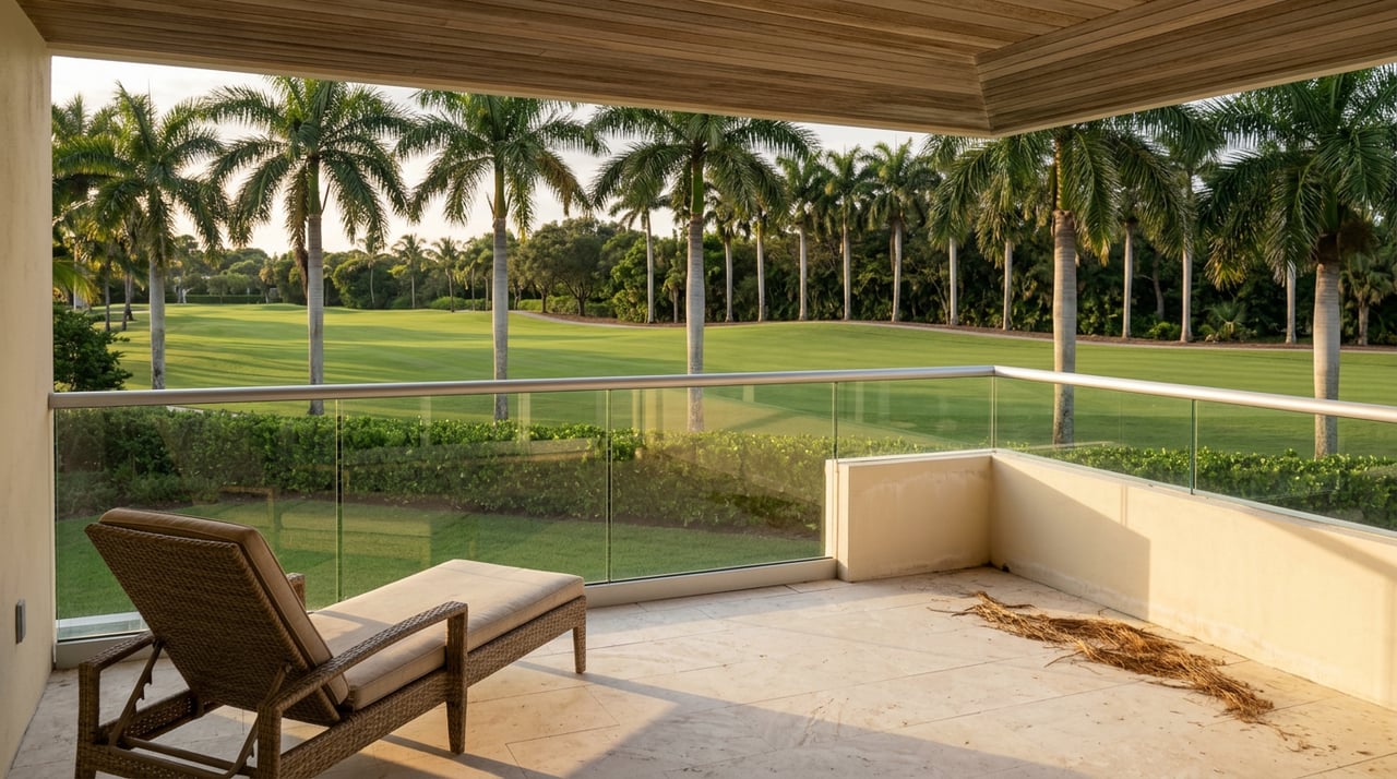 Pale-paved terrace with a rattan lounge chair overlooks a striped golf fairway lined with royal palms.