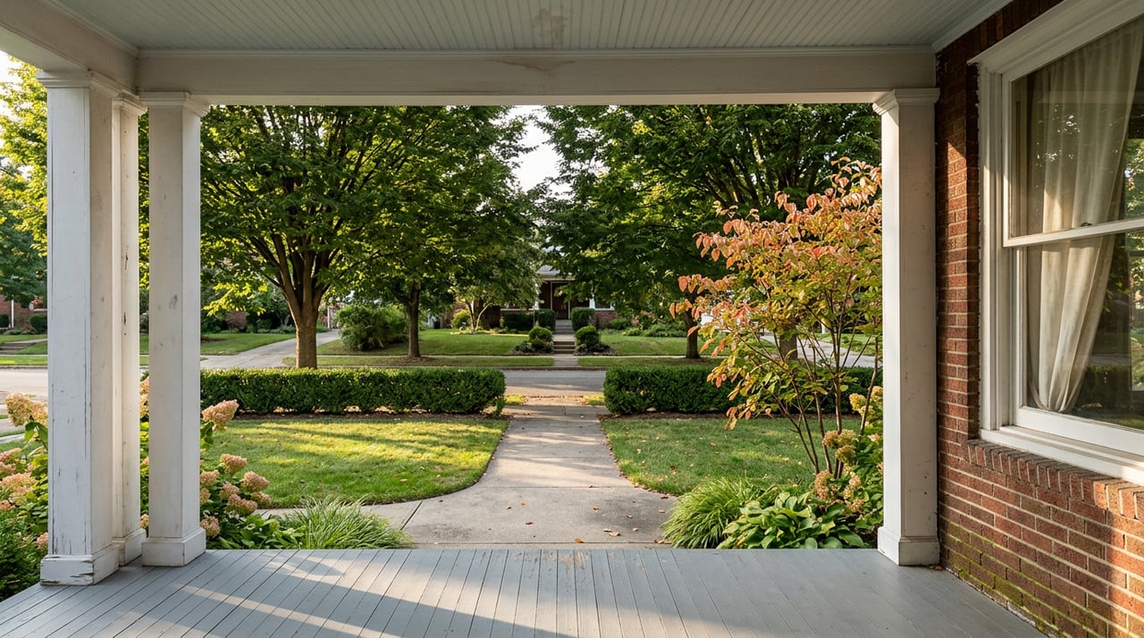 Porch framed by white columns overlooks a curved walkway, autumn lawn, clipped shrubs, and a sidewalk beneath mature trees.