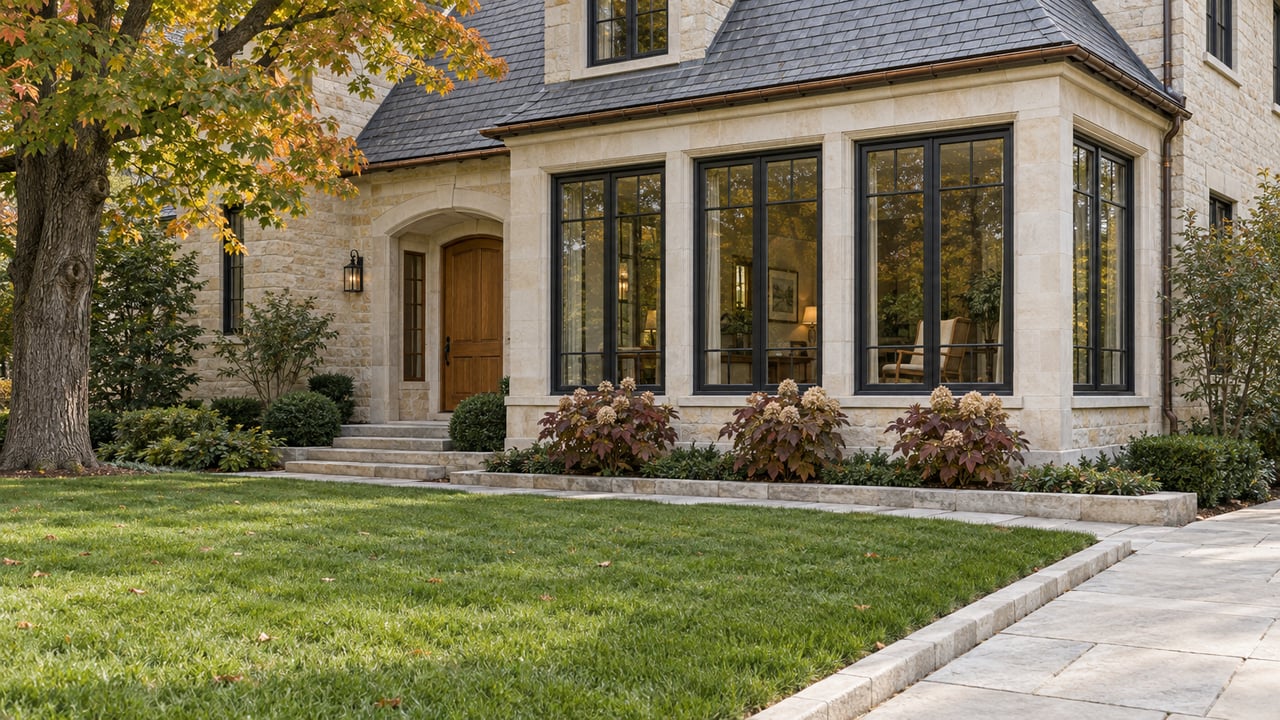Pale-brick detached home with a slate roof, glazed sunroom, limestone approach and autumn sugar maple beside a deep front lawn.