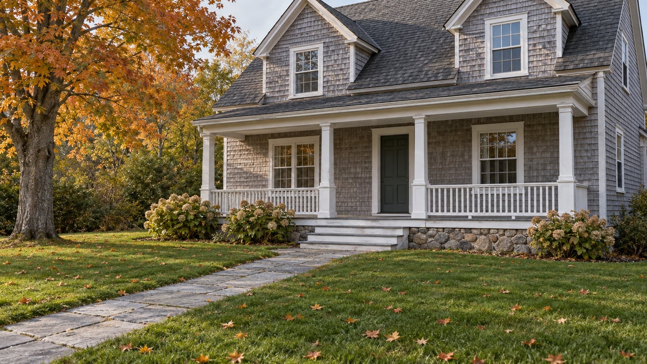 Weathered cedar-shingle home with a white porch, granite walk and spacious autumn lawn beneath an orange maple canopy.