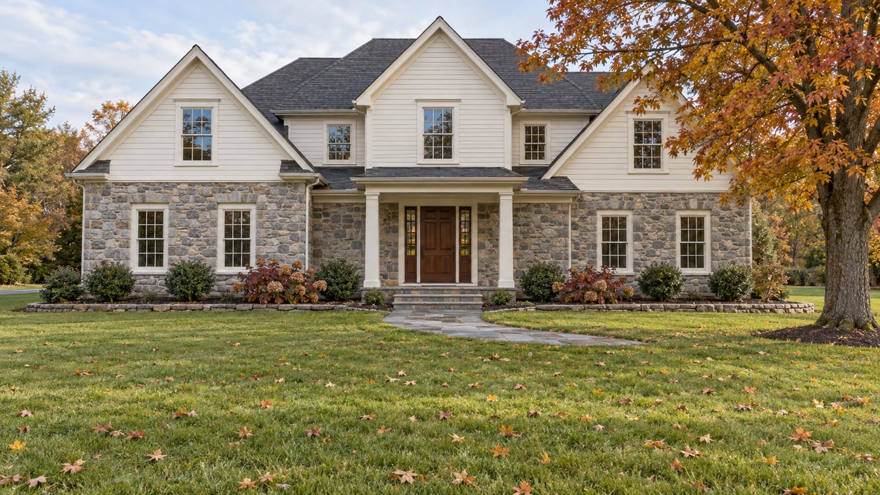 Large ivory-clapboard and fieldstone home beyond a deep autumn lawn, with a bluestone approach and an amber sugar maple.