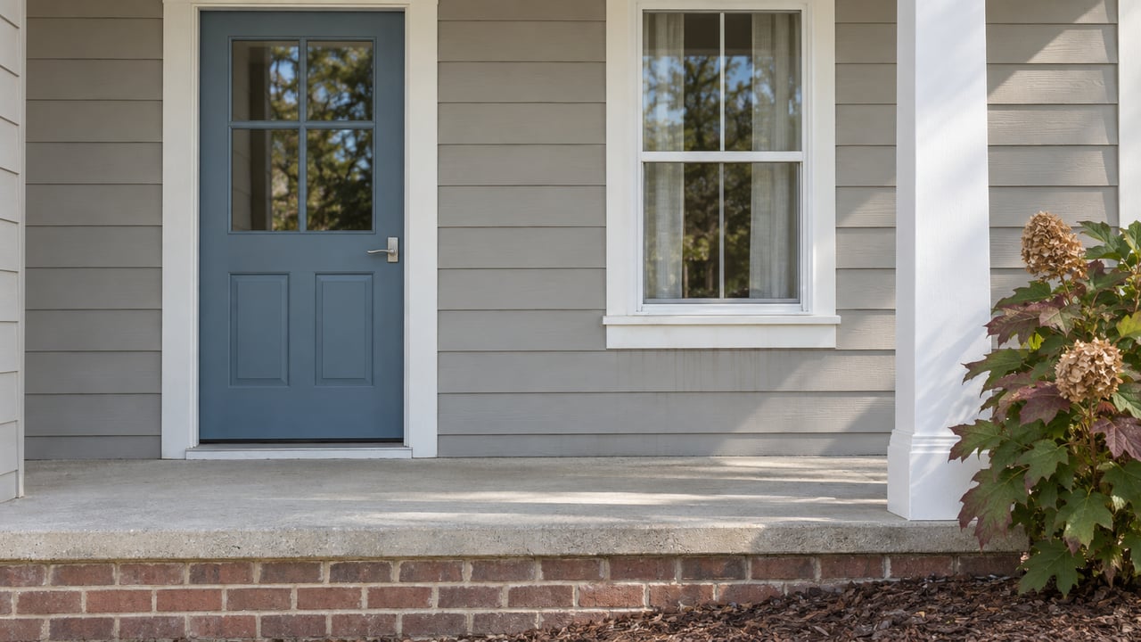 Close view of a light-gray sided home's covered entry, blue glazed door, white-trimmed window, and brick-edged porch beside an oakleaf hydrangea.