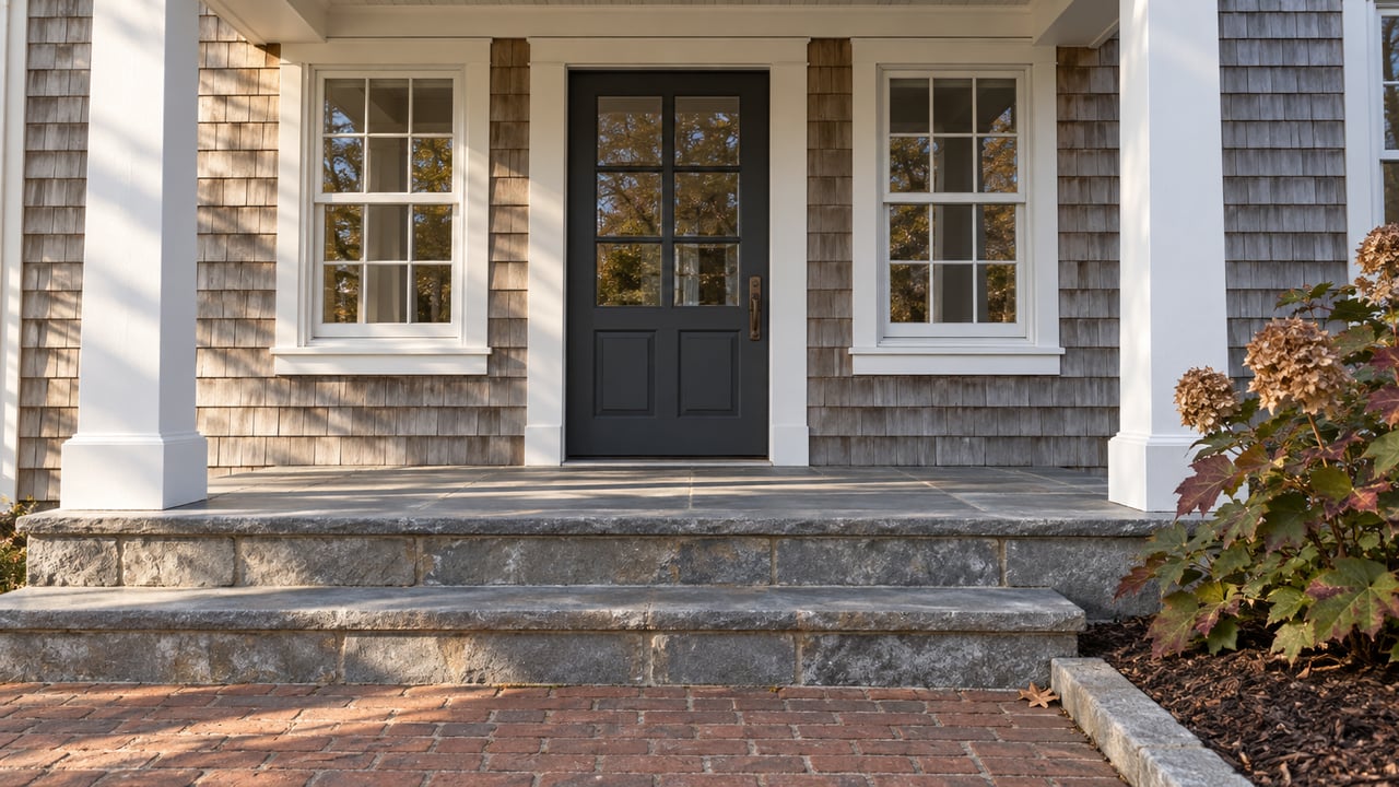 Covered entry of a cedar-shingled home with white columns, stone steps and an oakleaf hydrangea showing autumn color.