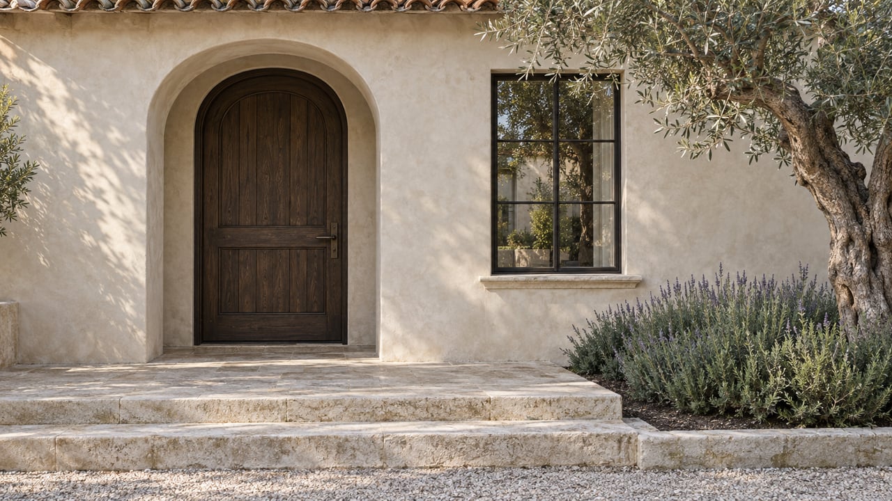 Arched oak entry beside a steel casement window, above a limestone landing and steps.
