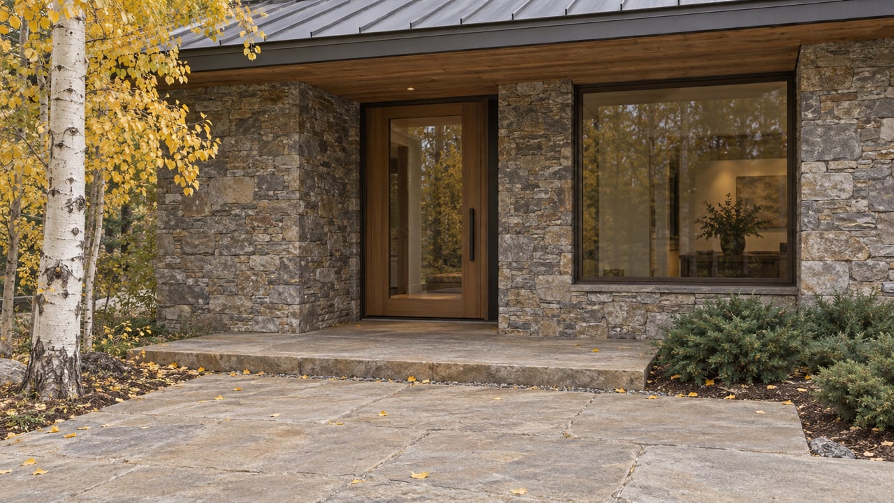 Stone-clad home entrance with a recessed glass-and-oak door, broad stone approach, and golden aspen at left.