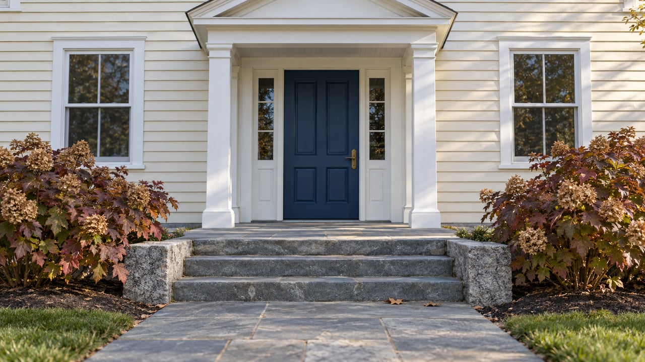 Ivory clapboard home entrance with a blue door, paired windows, bluestone steps and burgundy oakleaf hydrangeas in autumn light.