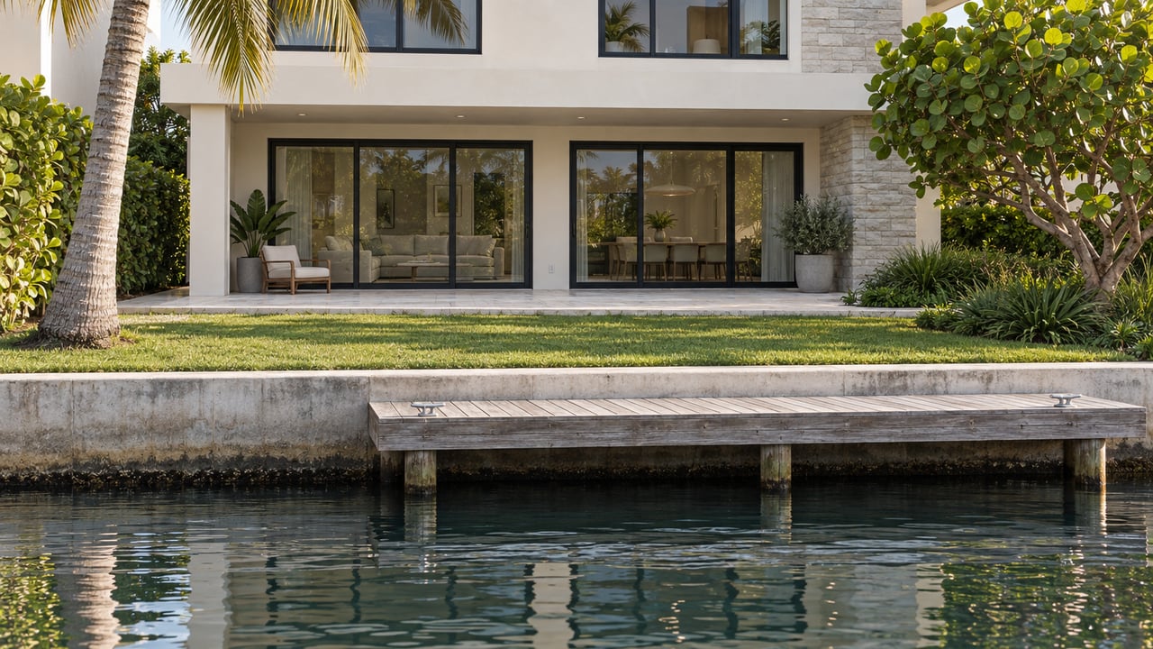 Waterfront stucco house with black-framed glass doors, a paver garden, timber dock, and concrete seawall.