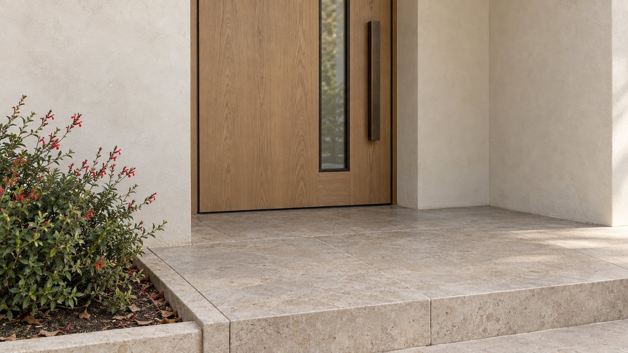 Recessed entry with a white-oak pivot door, limestone steps, and a small salvia plant beside the curb.