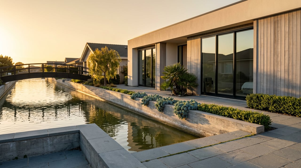 Contemporary home beside a narrow canal, with cedar panels, glass doors, and an arched footbridge.
