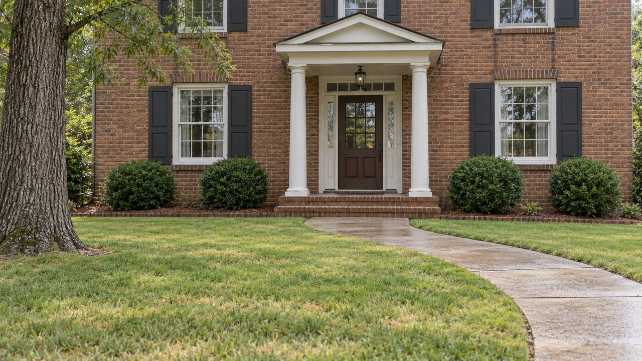 Curved concrete walk crosses a broad lawn toward a brick house with paired white portico columns and multi-pane windows.
