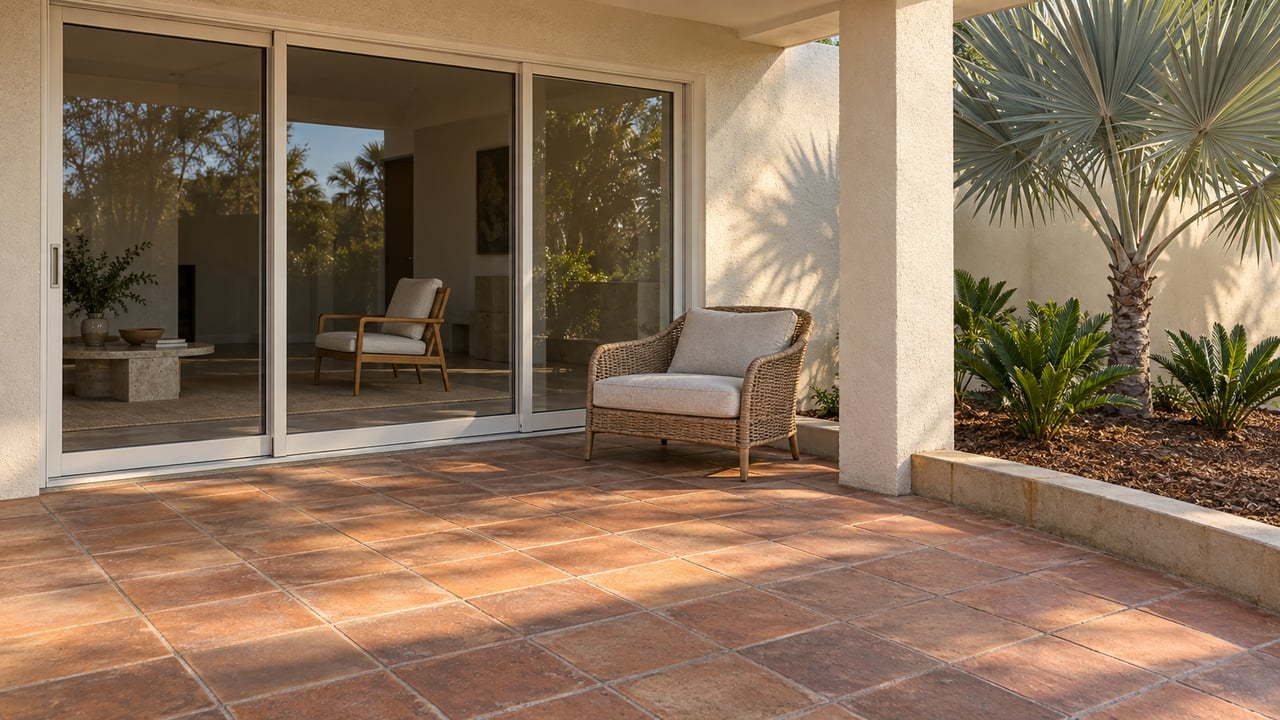 Cream stucco patio with closed sliding glass doors, weathered terracotta pavers and a silver thatch palm beside a raised garden border.