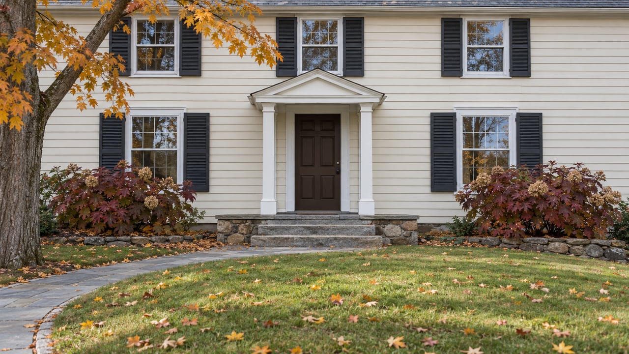 Cream clapboard home with dark shutters, a granite and bluestone entry, autumn maple foliage and a gently sloping lawn.