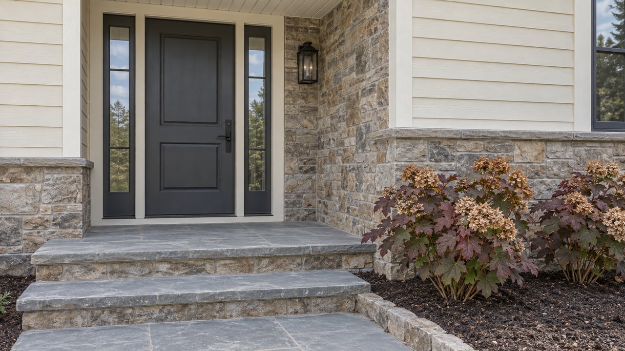 Charcoal front door with paired sidelights, ivory siding and stone steps beside autumn oakleaf hydrangeas.