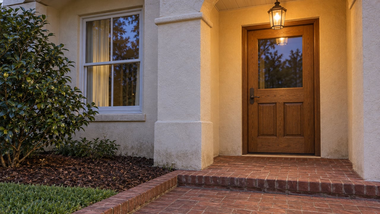 Warmly lit oak entry door beneath an ivory stucco arch, beside a window and camellia, with weathered brick steps at dusk.