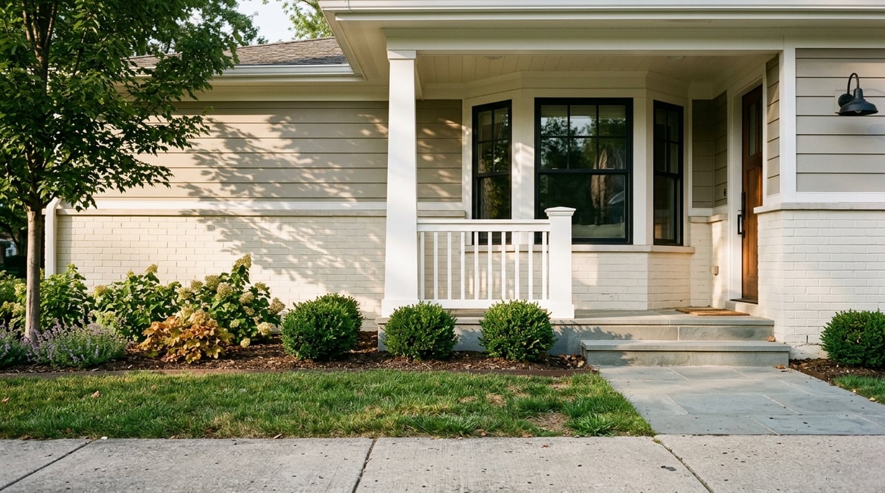 Porch corner with sidewalk, planted shallow setback, facade, and tree canopy beneath a narrow sky.