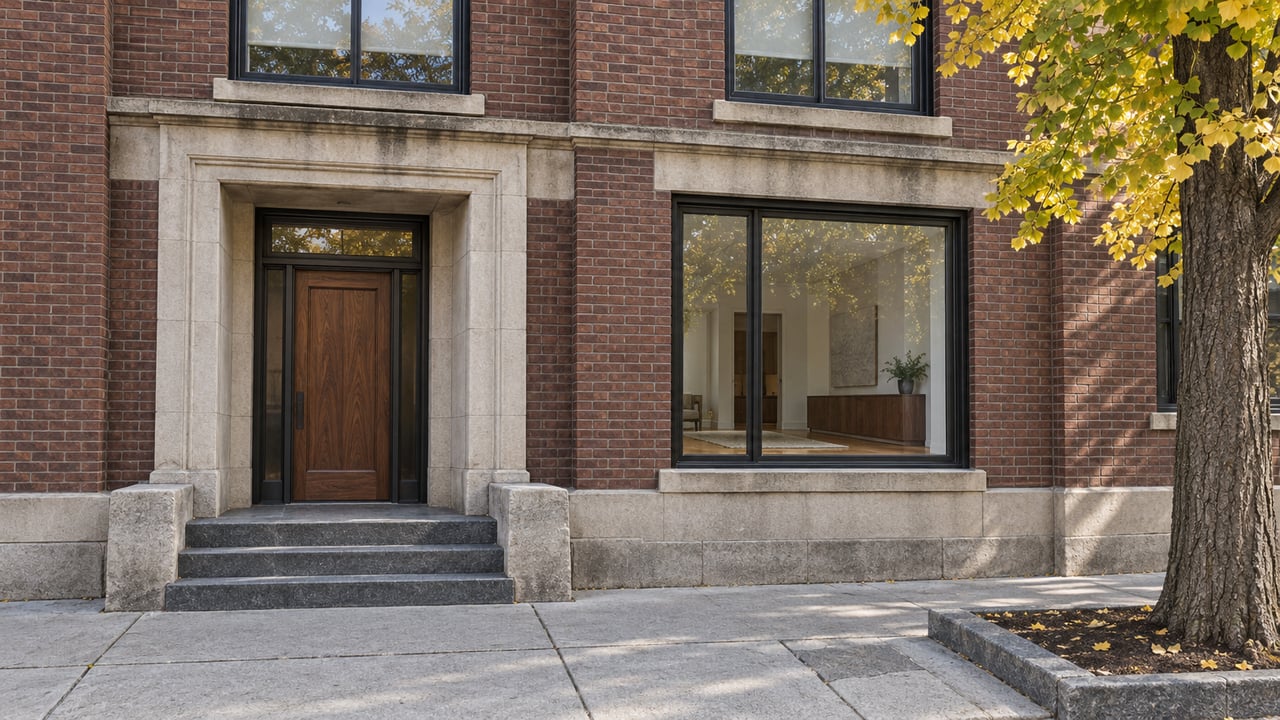 Red-brown brick residential entrance with a walnut door, limestone surround, granite steps and yellow-green ginkgo leaves.