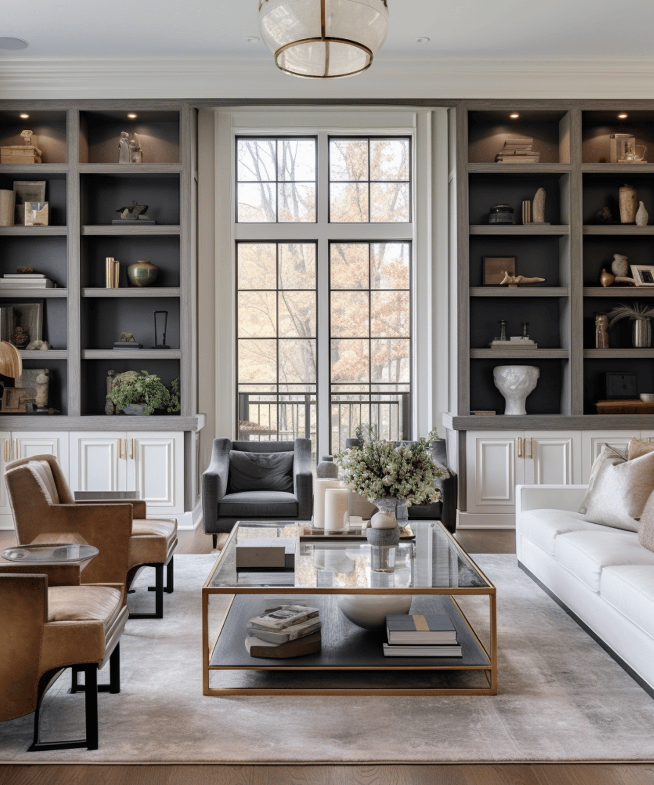 Furnished living room with tall windows, built-in display shelves, and a glass coffee table.