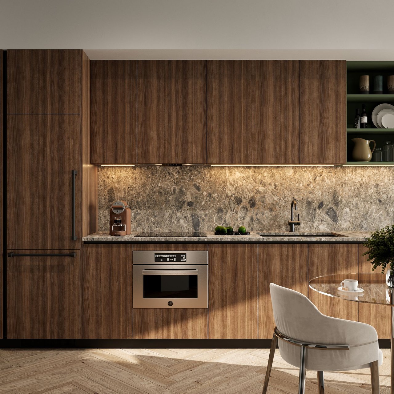 Modern kitchen with walnut cabinetry, a stone backsplash, and a round dining table.