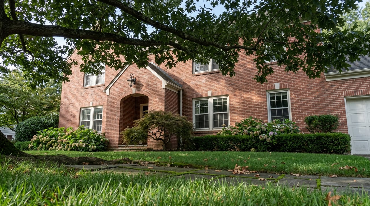 Two-story brick house beneath a broad oak canopy, with dew on the lawn and a lifted stone along the walkway.