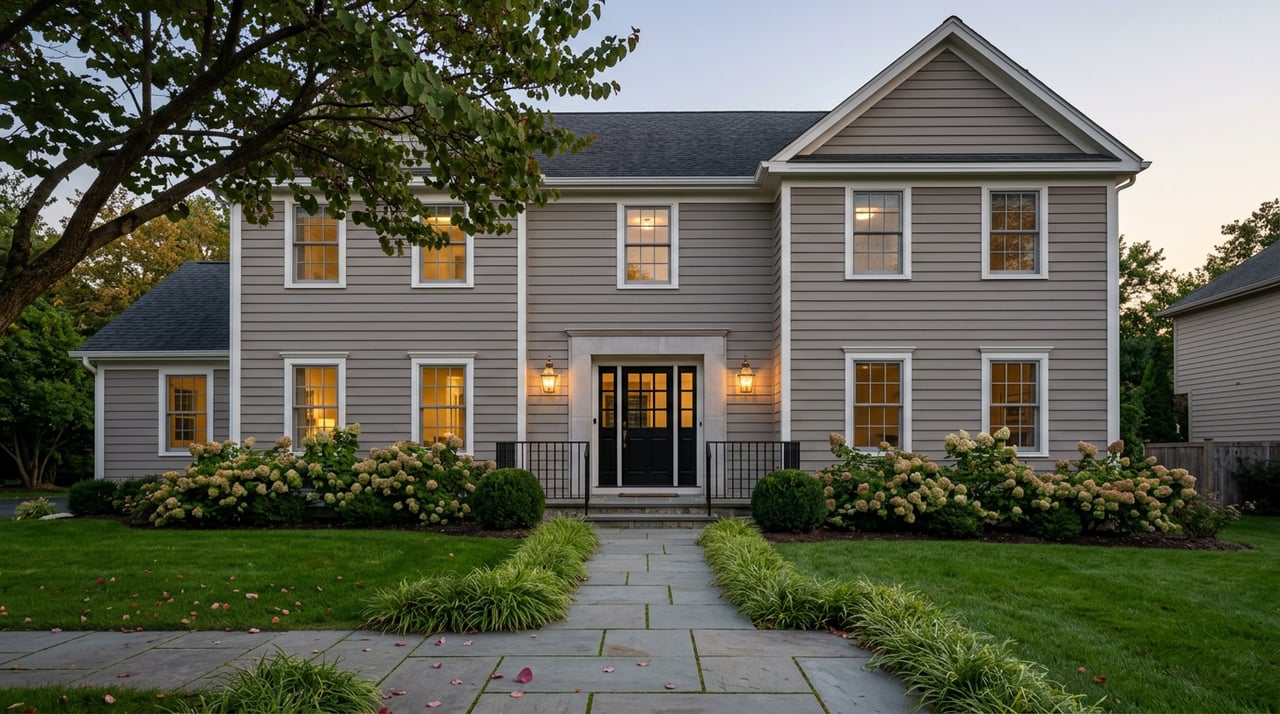 Two-story taupe-gray home with a black double door, glowing brass lanterns, and a redbud tree at dusk.