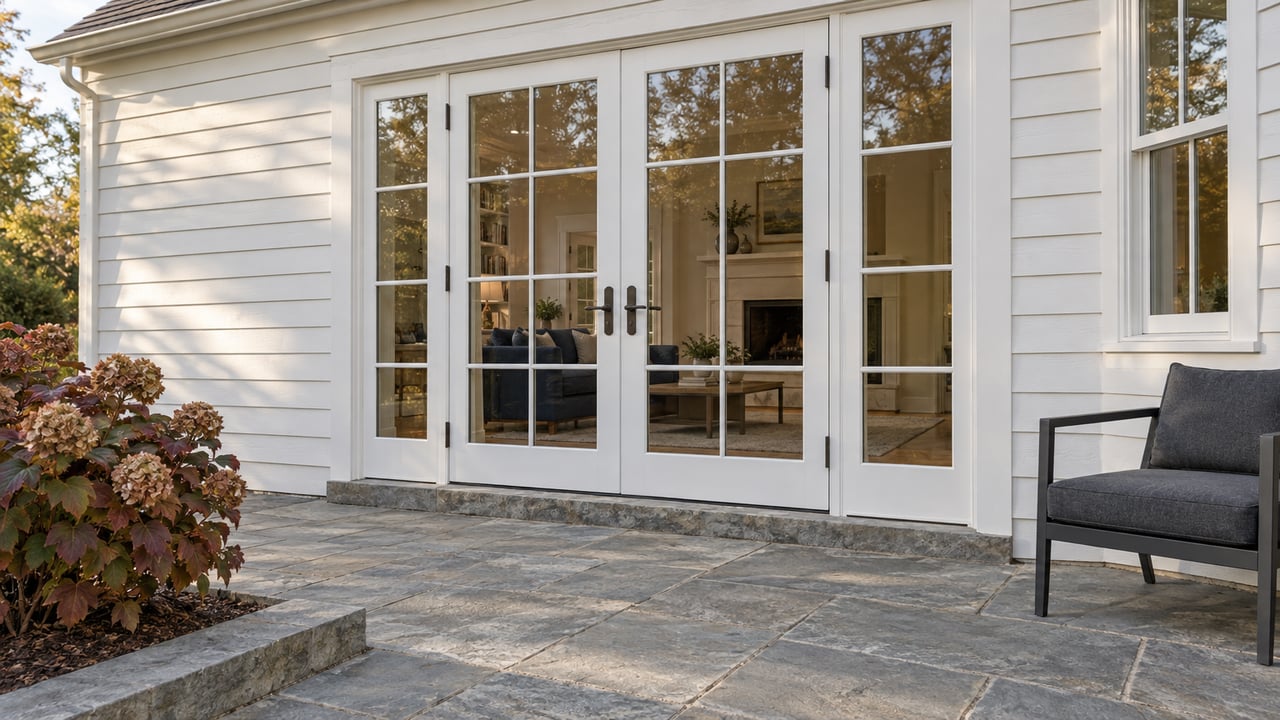 White-sided home with closed multipane French doors, a gray stone terrace and oakleaf hydrangea beside a raised stone planting border.