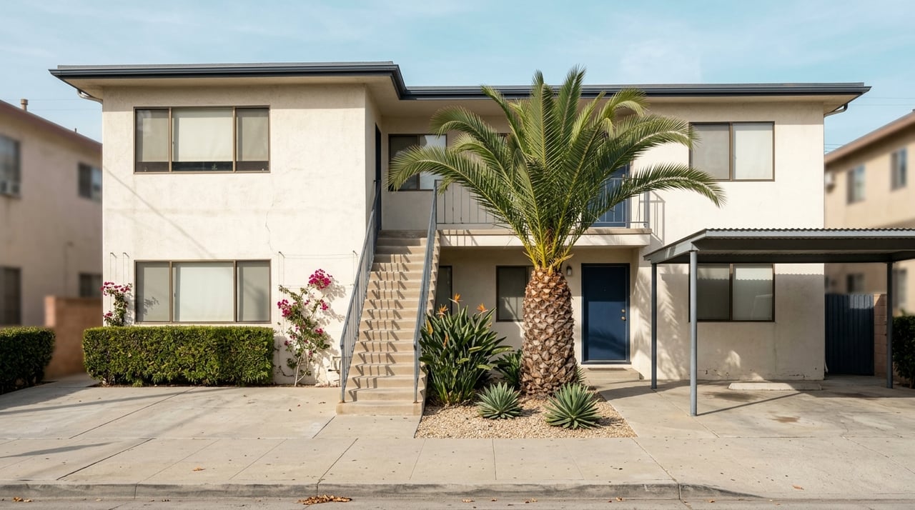 Multifamily apartment building exterior with restrained, investor-focused styling.