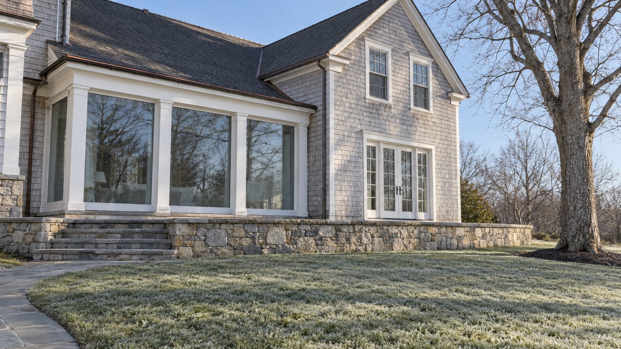 Winter light across a frosted lawn, granite terrace, and silver-shingled home with an enclosed sunroom.