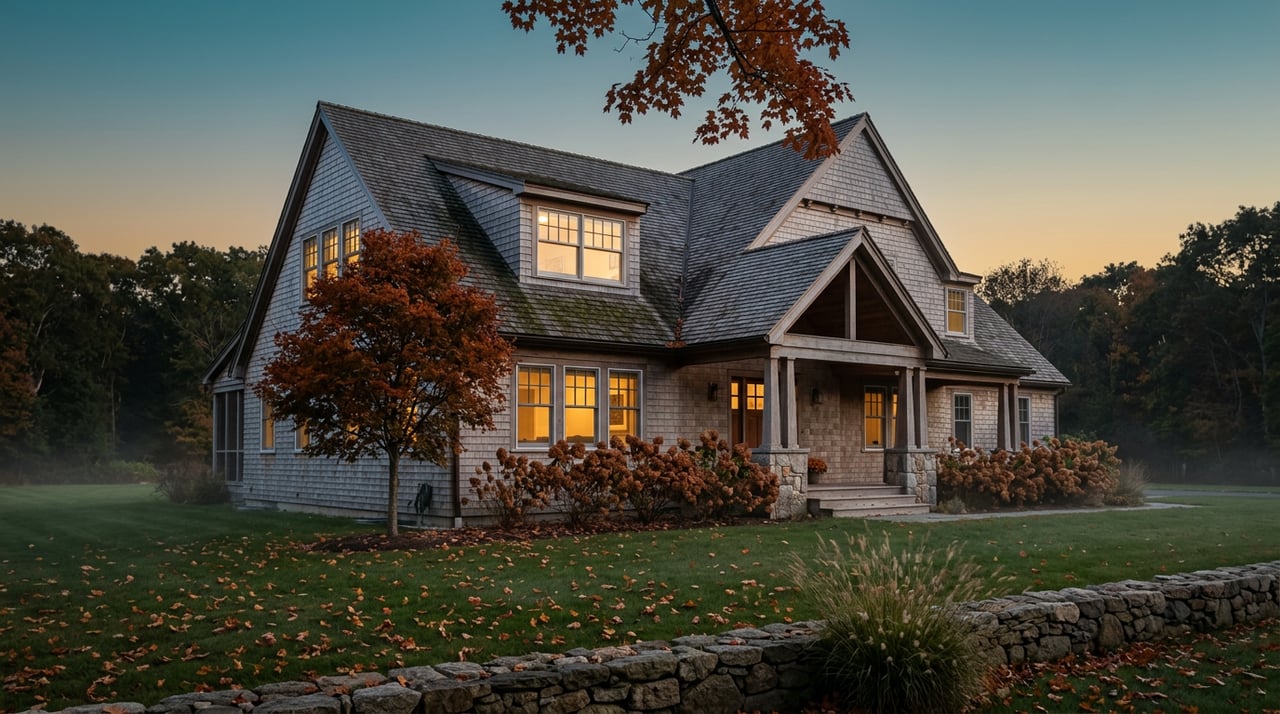 Two-story shingle house glowing at dusk, with a covered porch, orange-red maple, and broad front lawn.