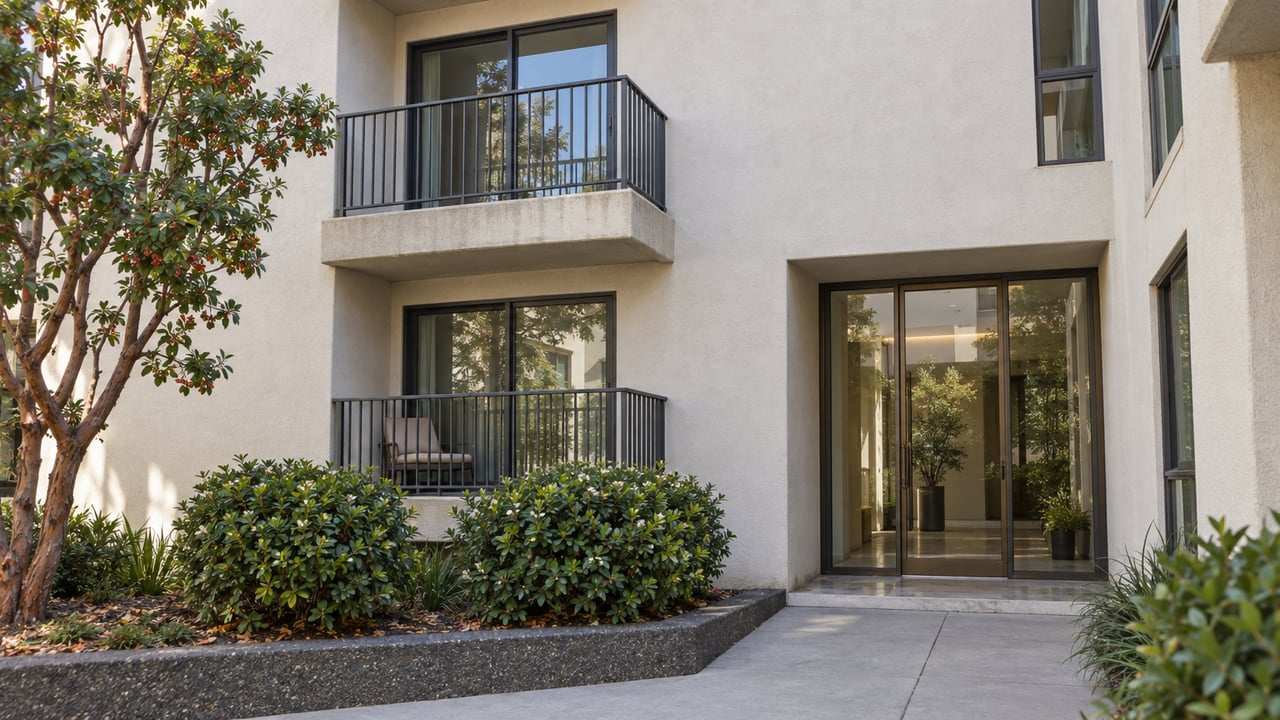 Three-story stucco condominium with two stacked balconies, a glass lobby entrance, and shrubs in a raised planting bed.