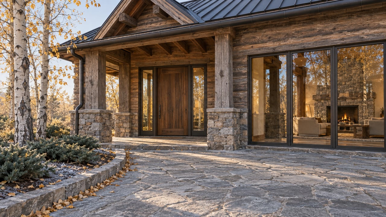 Autumn morning light on a timber home's stone approach, sheltered walnut entry and bronze-framed windows beside nearly bare aspens.