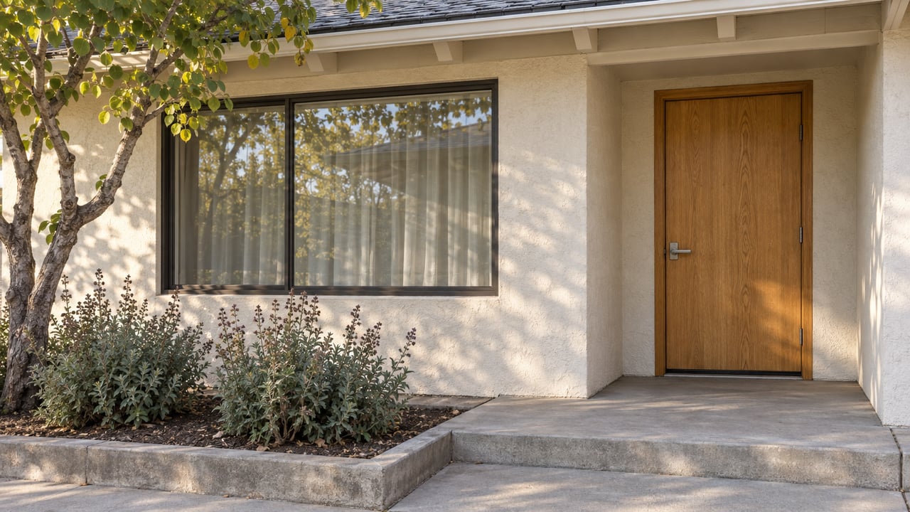 Building entrance with a wooden door, broad window, and landscaped planting bed.