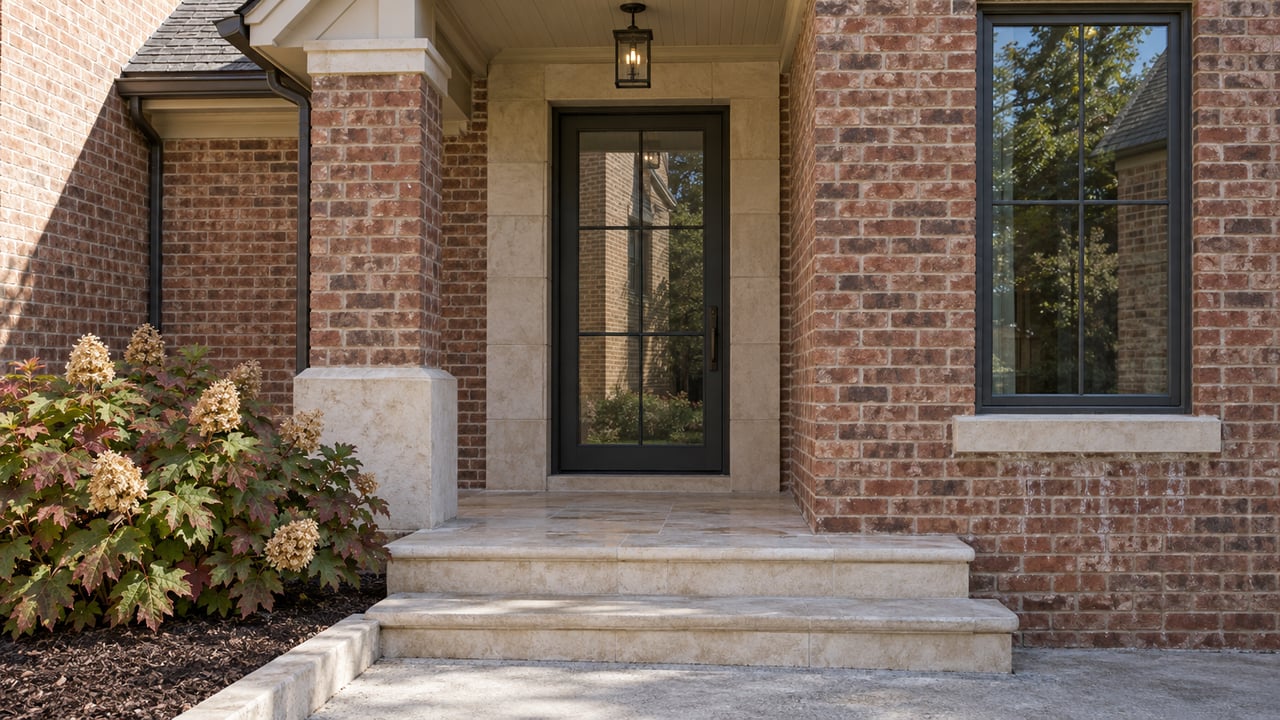 A red-brown brick home entry with a dark glazed door, pale limestone steps, and an oakleaf hydrangea beside the approach.