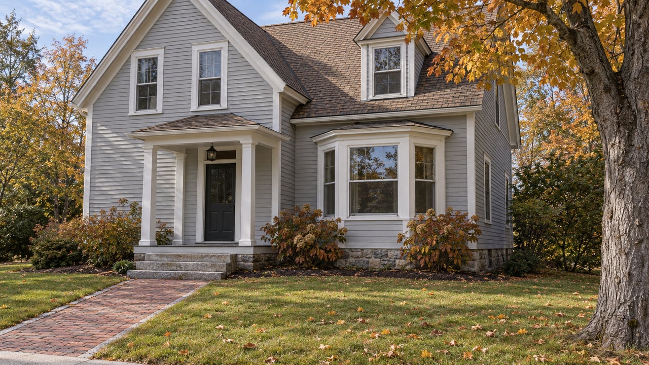 Gray clapboard house with white-trimmed windows, a covered entry, granite steps and an autumn maple beside a broad front lawn.