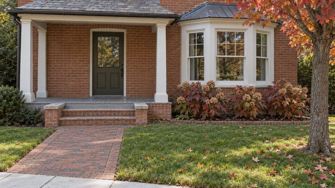 Weathered red-brick house with a covered porch, white sash bay windows, a brick approach and autumn foliage.