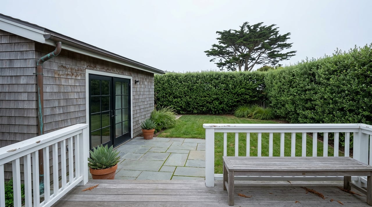 Raised deck overlooks a bluestone patio, narrow lawn, clipped hedge, and wind-shaped cypress.