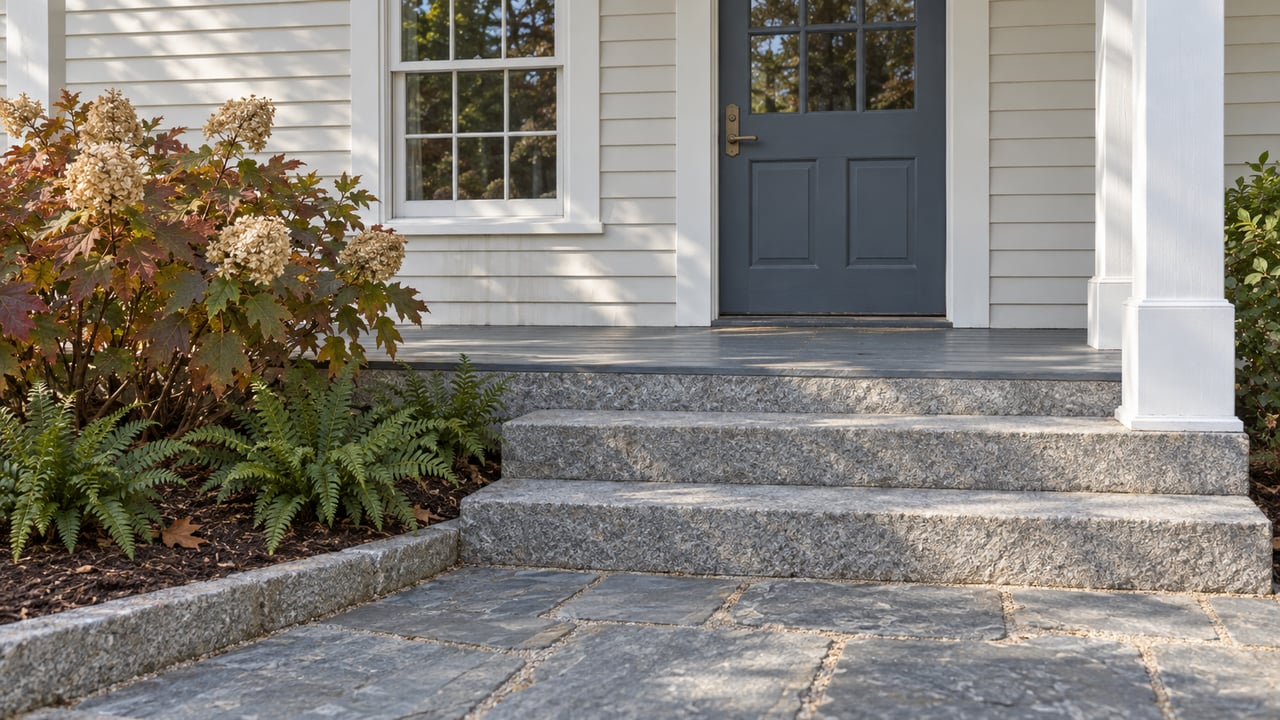 Bluestone approach and granite steps lead to a sheltered blue-gray front door beside white clapboard siding and autumn oakleaf hydrangea.