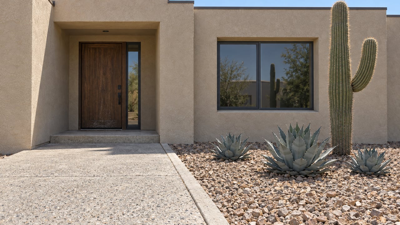 Sand-colored stucco home with a recessed wood entry, broad concrete approach, and sculptural cactus and agaves in a gravel forecourt.