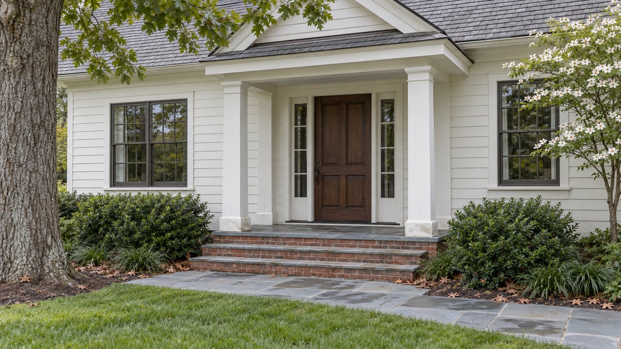 Covered home entry with white columns, dark timber door, brick steps, and blue-gray stone paving.
