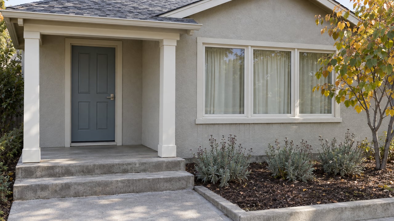 A modest gray stucco home's blue-gray front door and three-part window above worn concrete porch steps, beside redbud and sage planting.