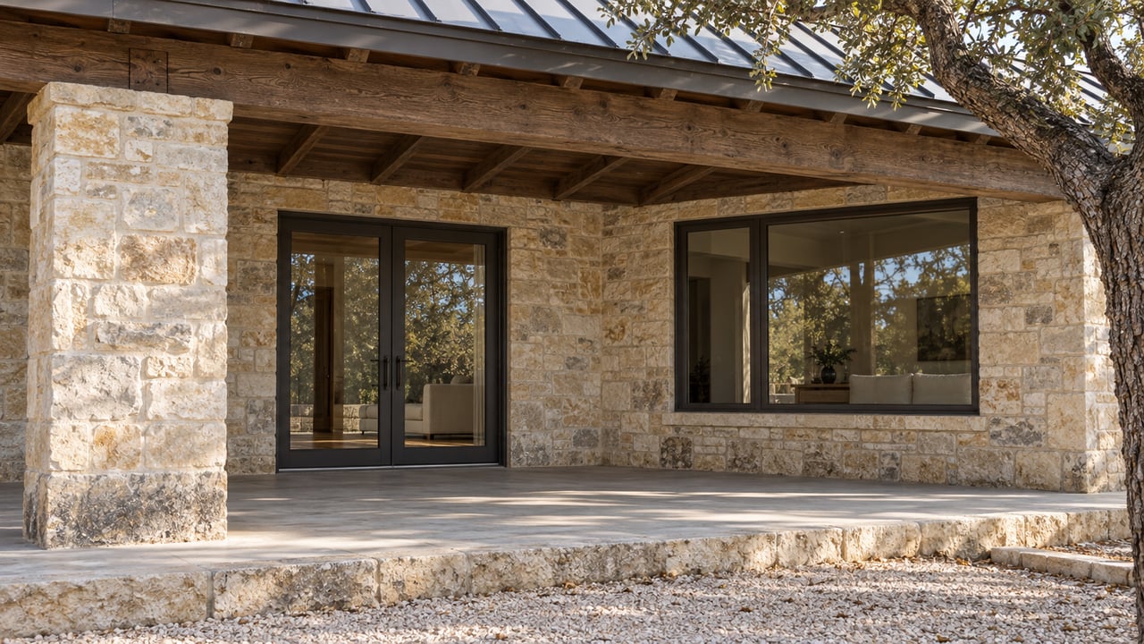 Close view of a limestone and timber covered porch with bronze-framed glazing, a broad stone step and a mature live oak beside the roof.