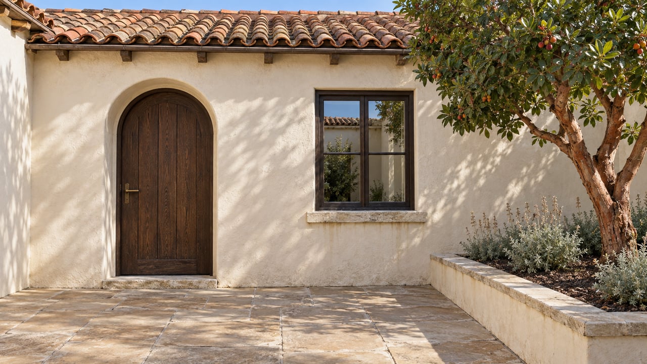 Cream stucco courtyard facade with clay roof tiles, a recessed arched oak door, closed timber window and a strawberry tree in a raised masonry bed.
