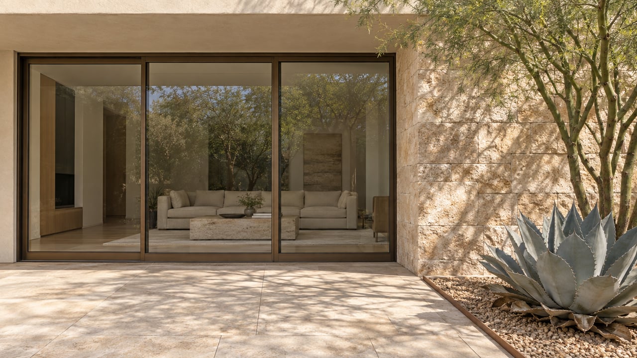 Bronze-framed glazing and limestone pier open onto a paved private courtyard with a silver agave and green-trunked tree.