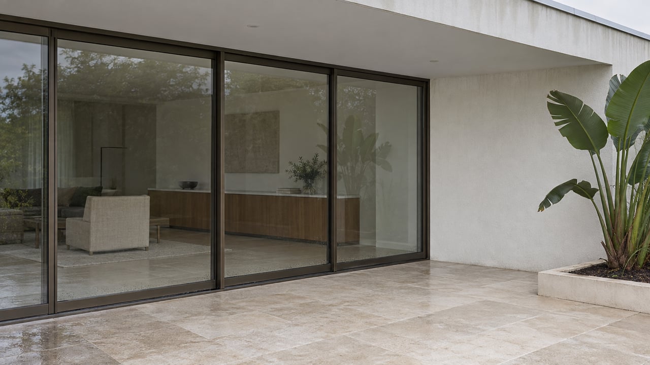 Covered pale-stone terrace beside closed bronze-framed glass doors, white stucco walls and a raised bed with a bird-of-paradise specimen.